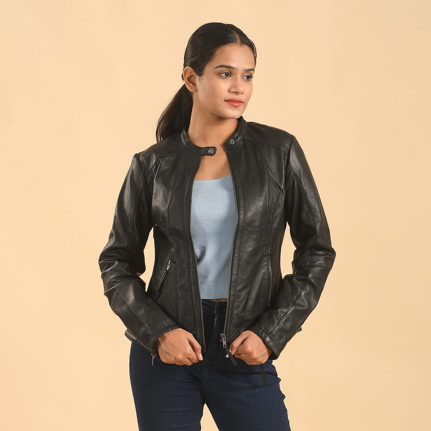 LA MAREY Black Lambskin Genuine Leather Scuba Jacket Womens with Zip Front- (L)