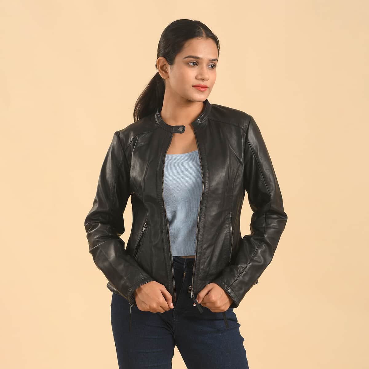 LA MAREY Black Lambskin Genuine Leather Scuba Jacket Womens with Zip Front- (L) image number 2