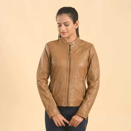LA MAREY Brown Lambskin Genuine Leather Scuba Jacket Womens with Zip Front- (L) image number 0
