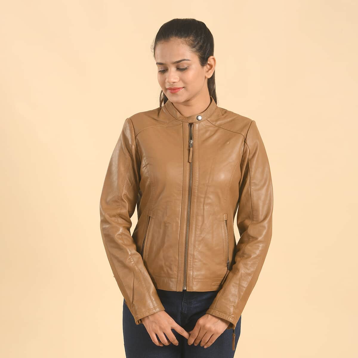 LA MAREY Brown Lambskin Genuine Leather Scuba Jacket Womens with Zip Front- (M) image number 0