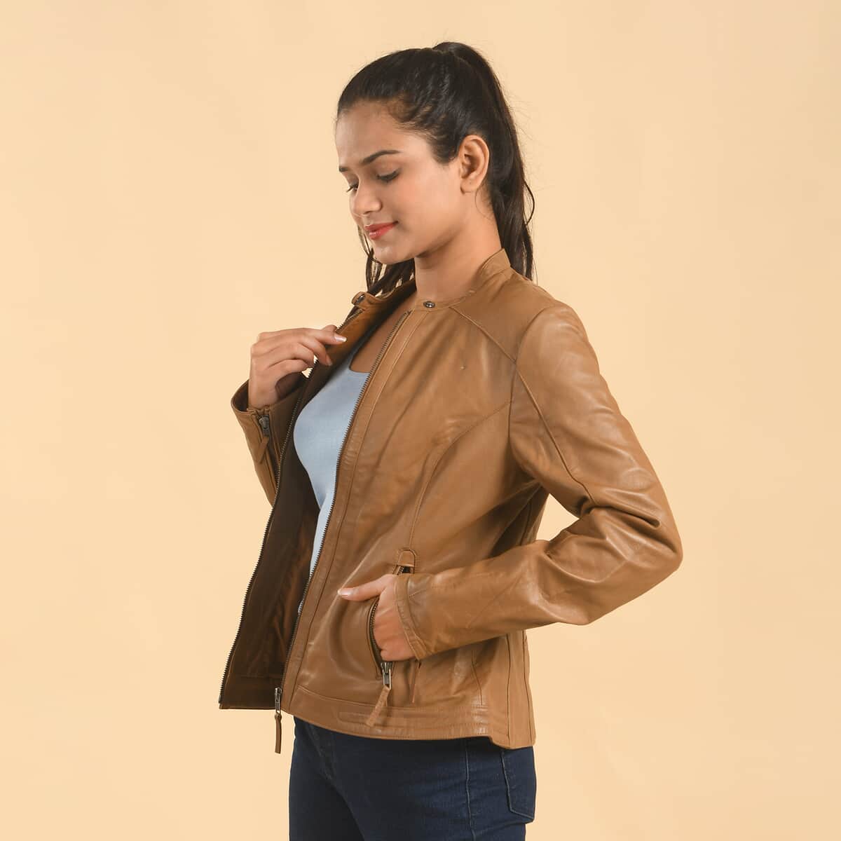 LA MAREY Brown Lambskin Genuine Leather Scuba Jacket Womens with Zip Front- (M) image number 2