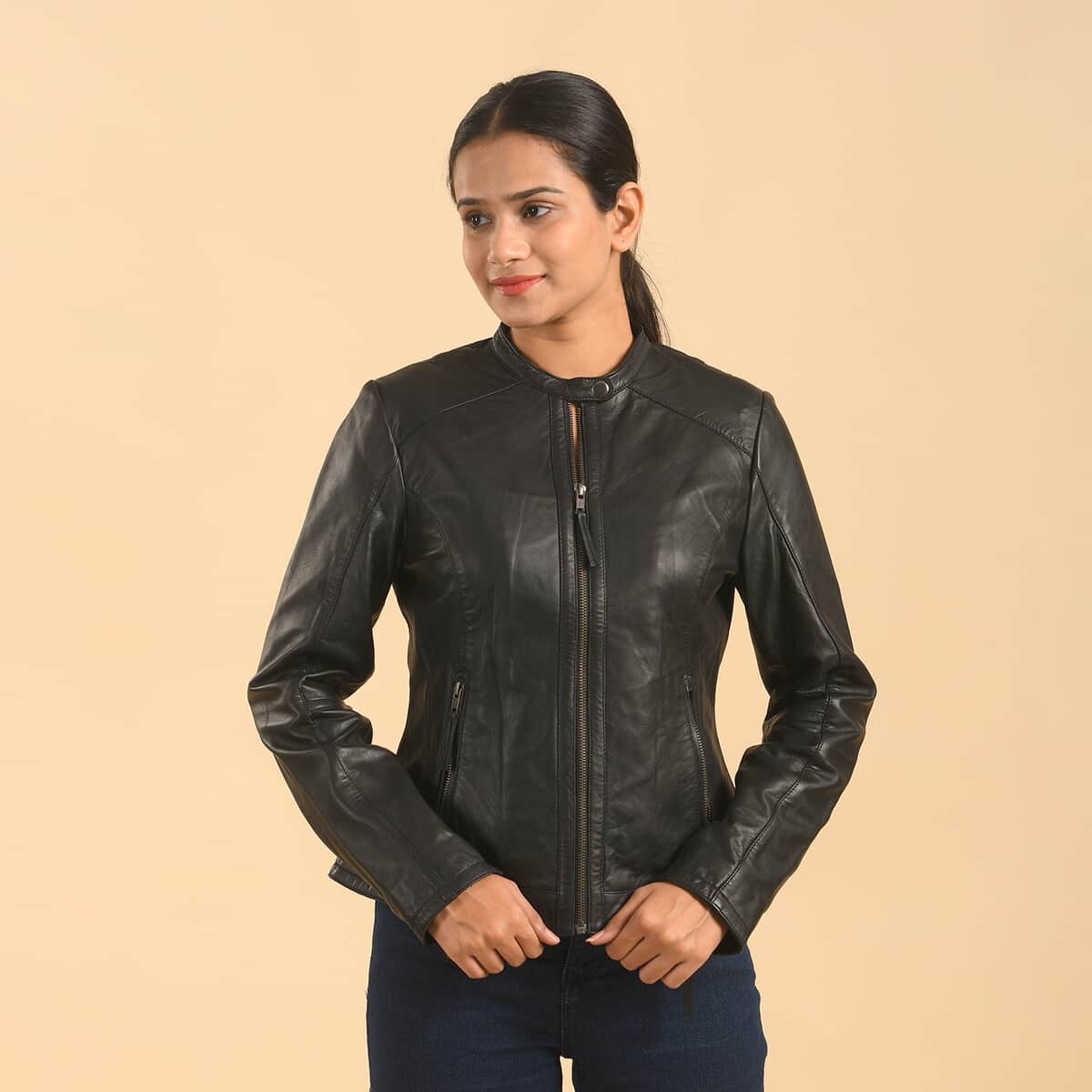 LA MAREY Black Lambskin Genuine Leather Scuba Jacket Womens with Zip Front- (S) image number 0