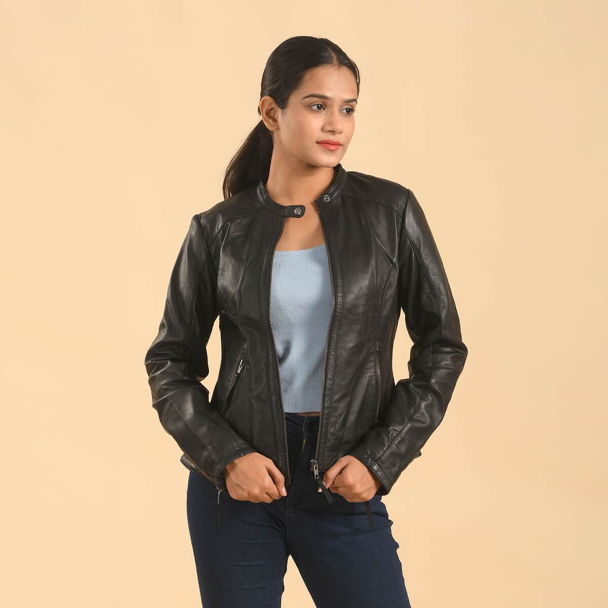 LA MAREY Black Lambskin Genuine Leather Scuba Jacket Womens with Zip Front- (S) image number 2