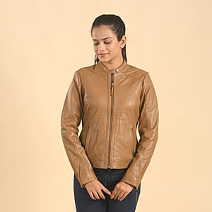 LA MAREY Brown Lambskin Genuine Leather Scuba Jacket Womens with Zip Front- (S)
