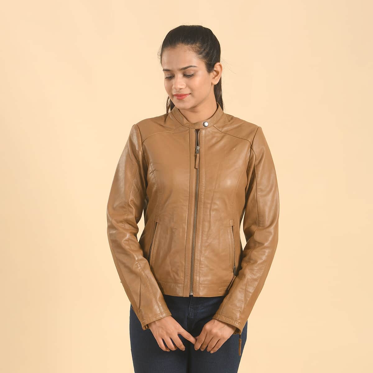 LA MAREY Brown Lambskin Genuine Leather Scuba Jacket Womens with Zip Front- (1X) image number 0