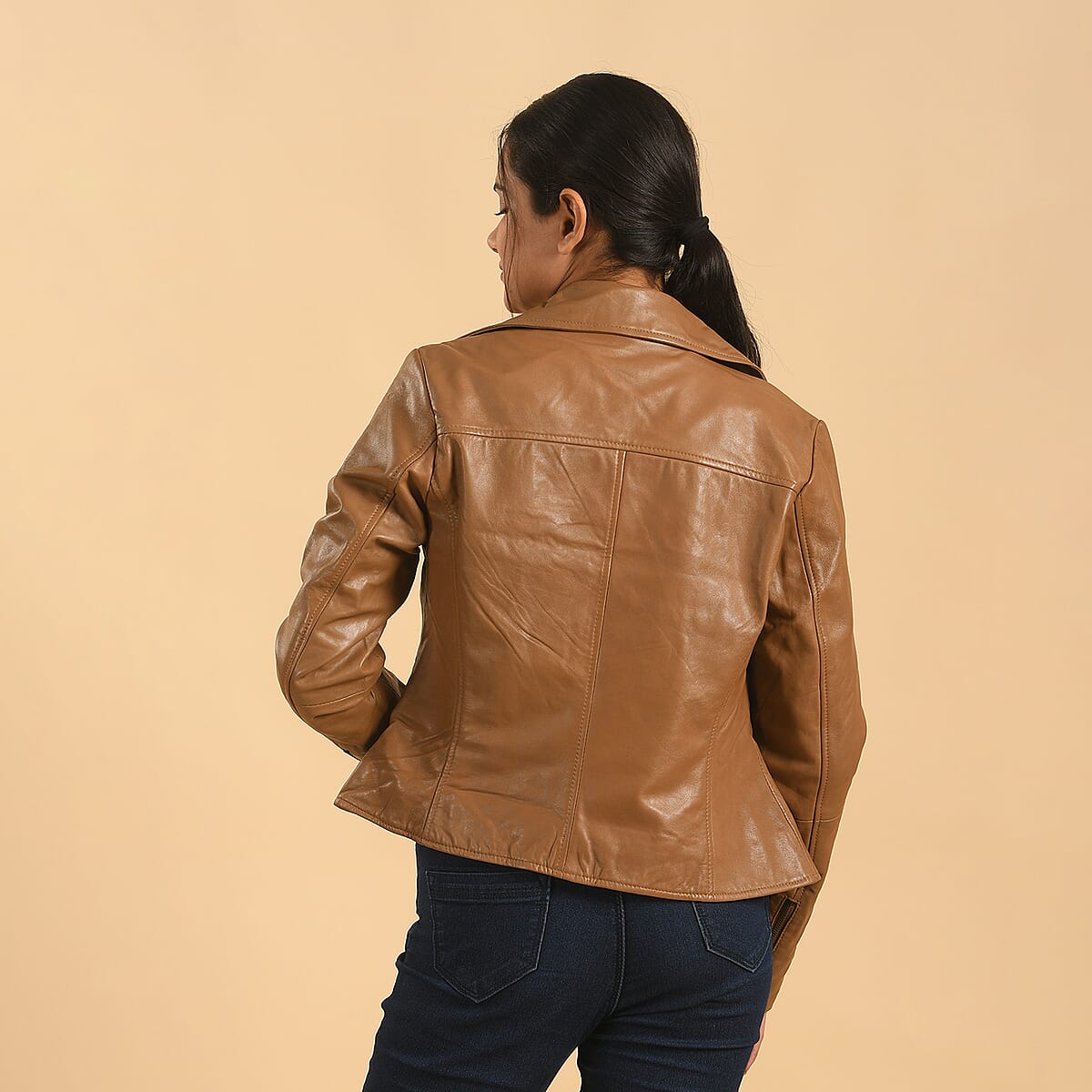 LA MAREY Brown Lambskin Genuine Leather Moto Jacket For Women With Lapel Collar - XL image number 1