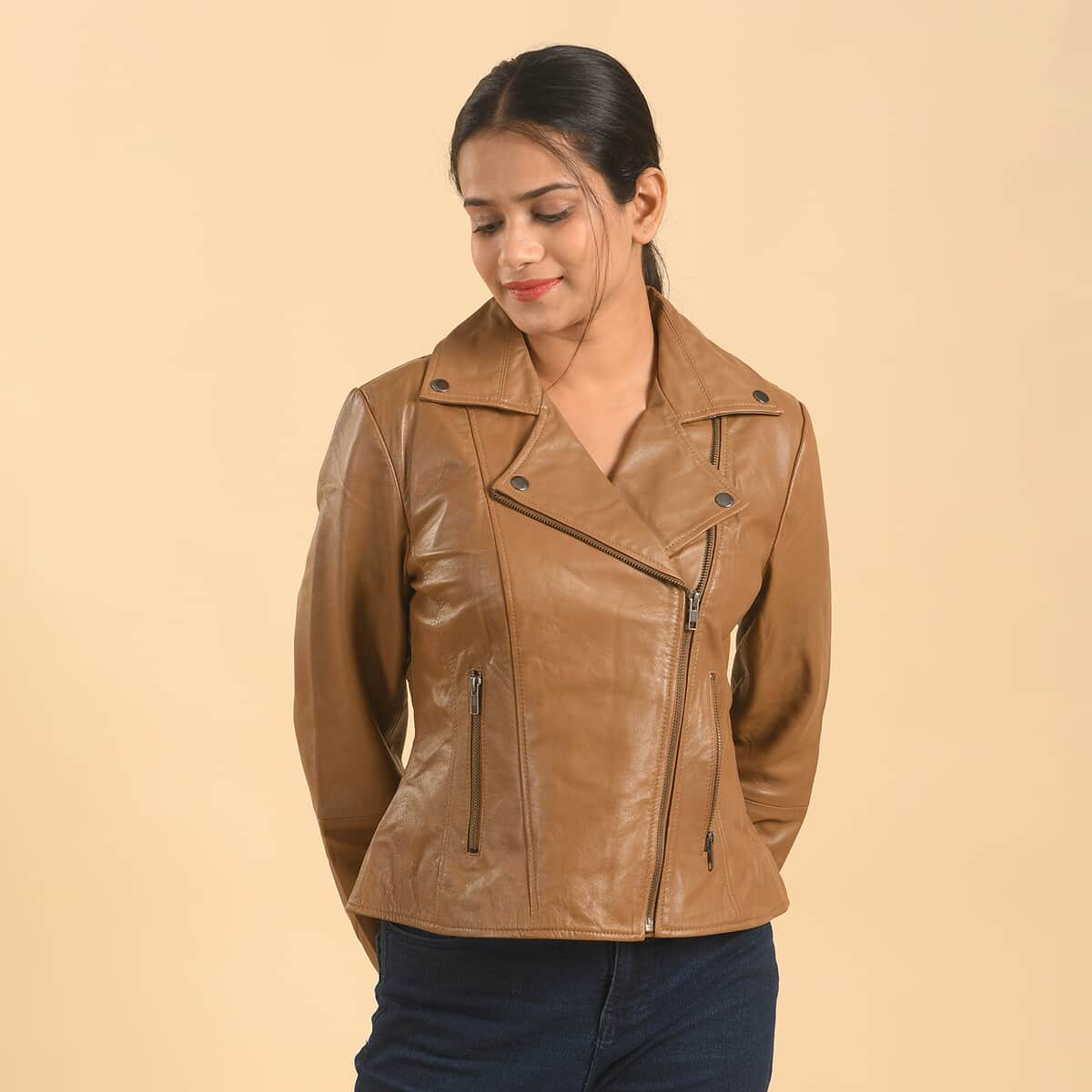 LA MAREY Brown Lambskin Genuine Leather Moto Jacket For Women With Lapel Collar - 3X image number 0