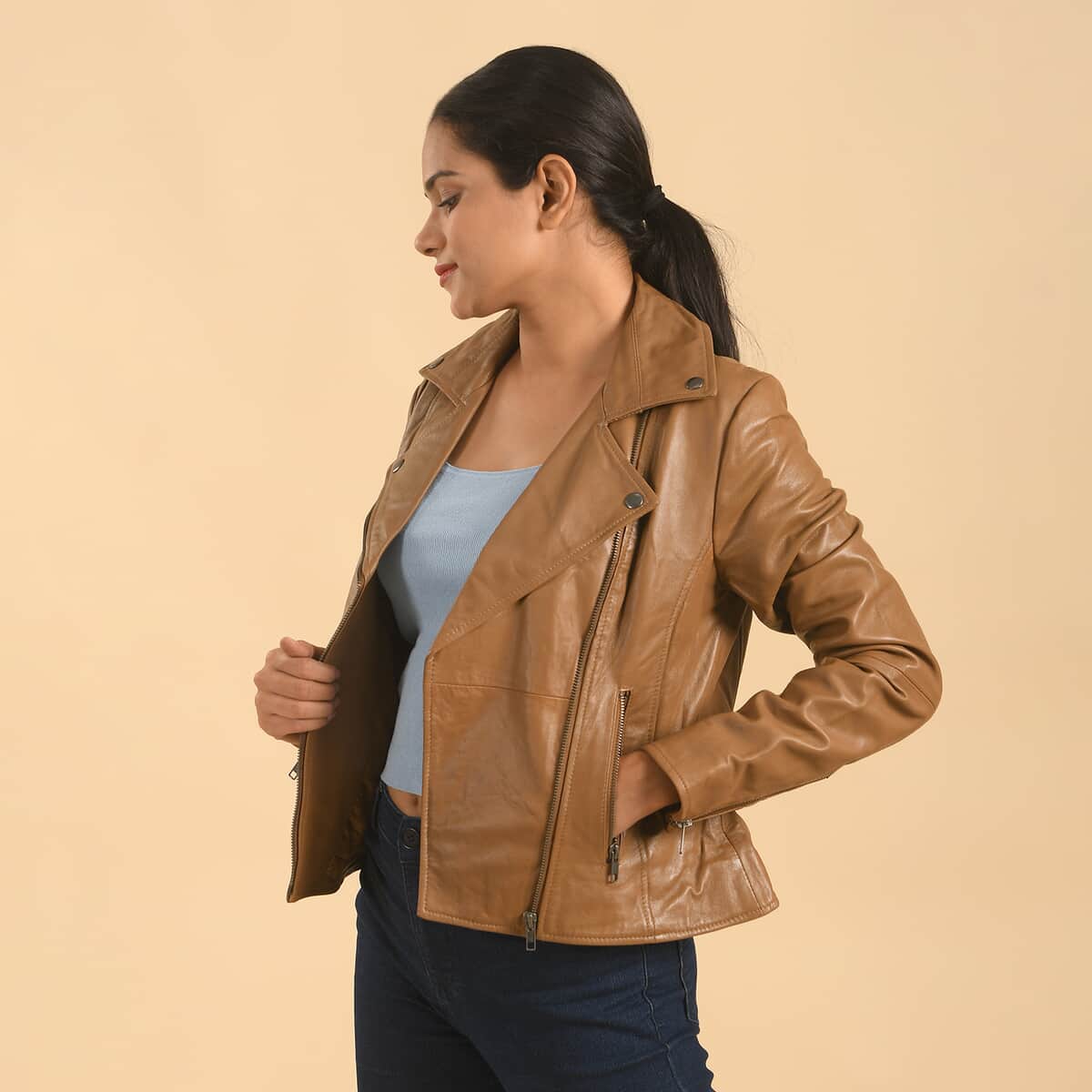 LA MAREY Brown Lambskin Genuine Leather Moto Jacket For Women With Lapel Collar - 3X image number 2