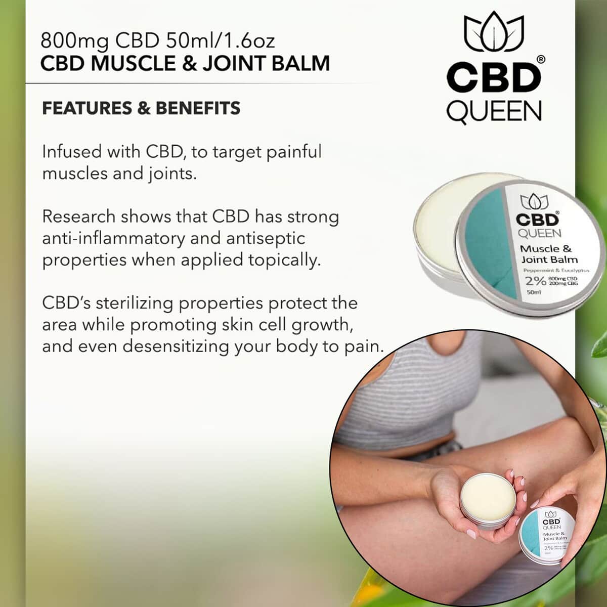 Doorbuster CBD Queen 800mg CBD Muscle & Joint Balm For Pain And Muscle Soreness 50ml/1.6oz image number 2