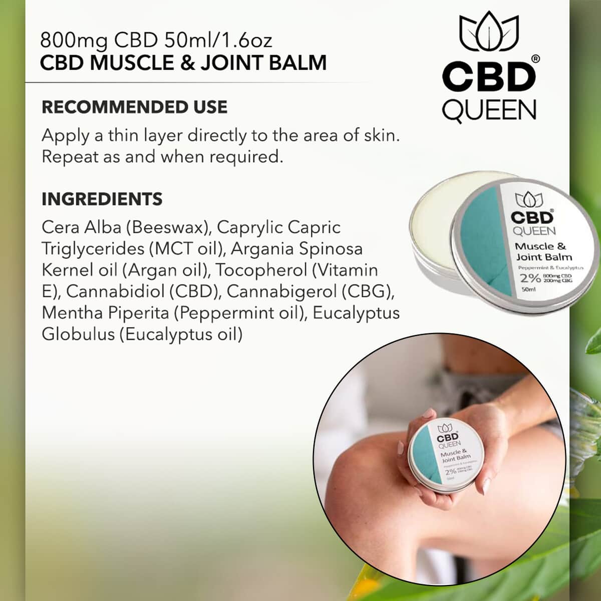 Doorbuster CBD Queen 800mg CBD Muscle & Joint Balm For Pain And Muscle Soreness 50ml/1.6oz image number 3