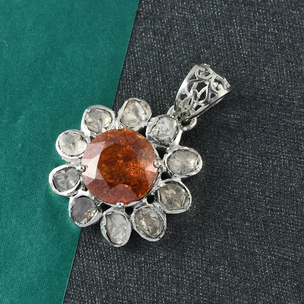 Picos Altos Light Orange Sphalerite and Polki Diamond Floral Pendant in Platinum Over Sterling Silver 5.90 ctw image number 1