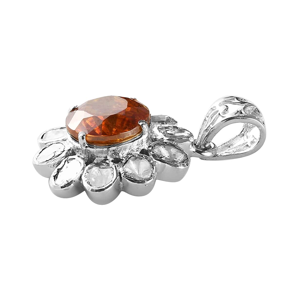 Picos Altos Light Orange Sphalerite and Polki Diamond Floral Pendant in Platinum Over Sterling Silver 5.90 ctw image number 2