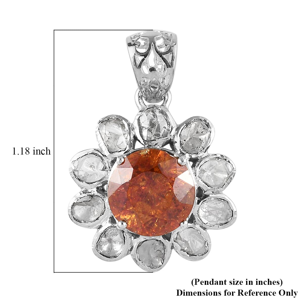 Picos Altos Light Orange Sphalerite and Polki Diamond Floral Pendant in Platinum Over Sterling Silver 5.90 ctw image number 4