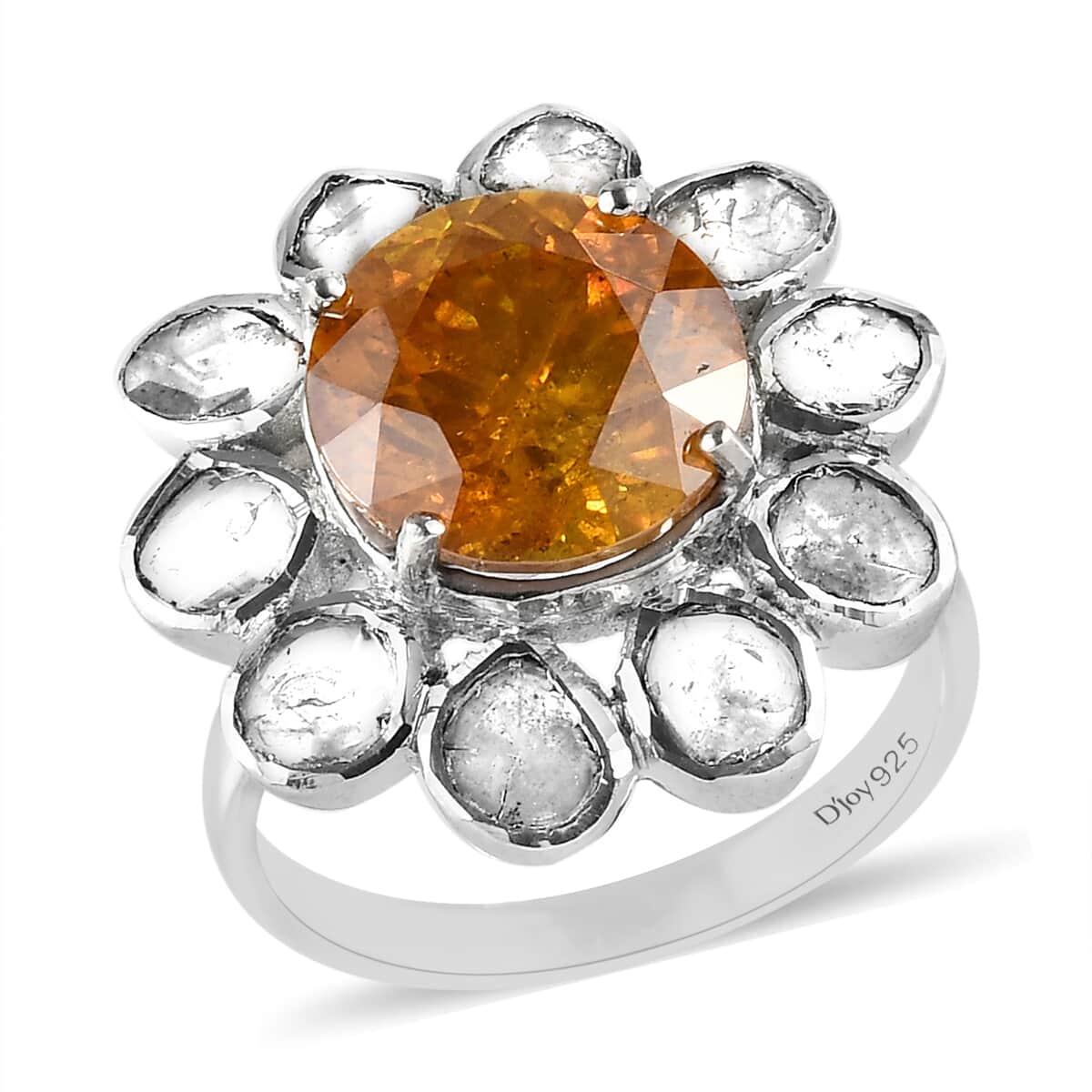 Picos Altos Light Orange Sphalerite and Polki Diamond Floral Ring in Platinum Over Sterling Silver (Size 6.0) 5.90 ctw image number 0