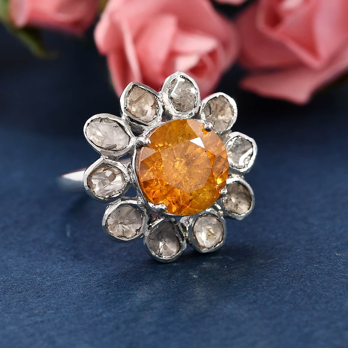 Picos Altos Light Orange Sphalerite and Polki Diamond Floral Ring in Platinum Over Sterling Silver 5.90 ctw image number 1