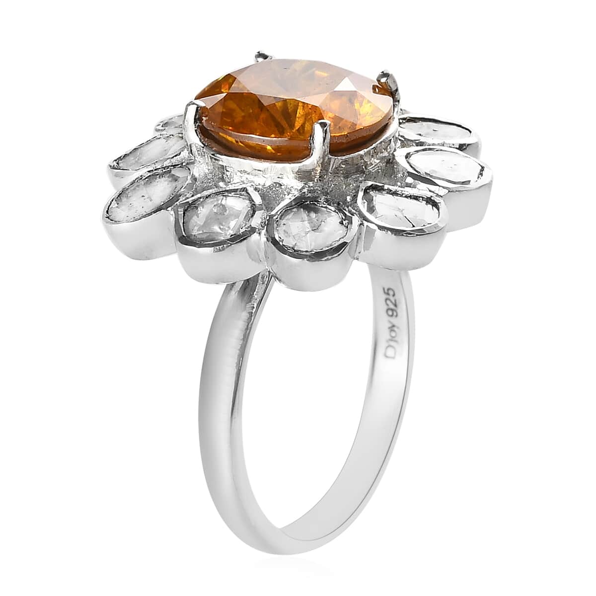 Picos Altos Light Orange Sphalerite and Polki Diamond Floral Ring in Platinum Over Sterling Silver (Size 6.0) 5.90 ctw image number 3