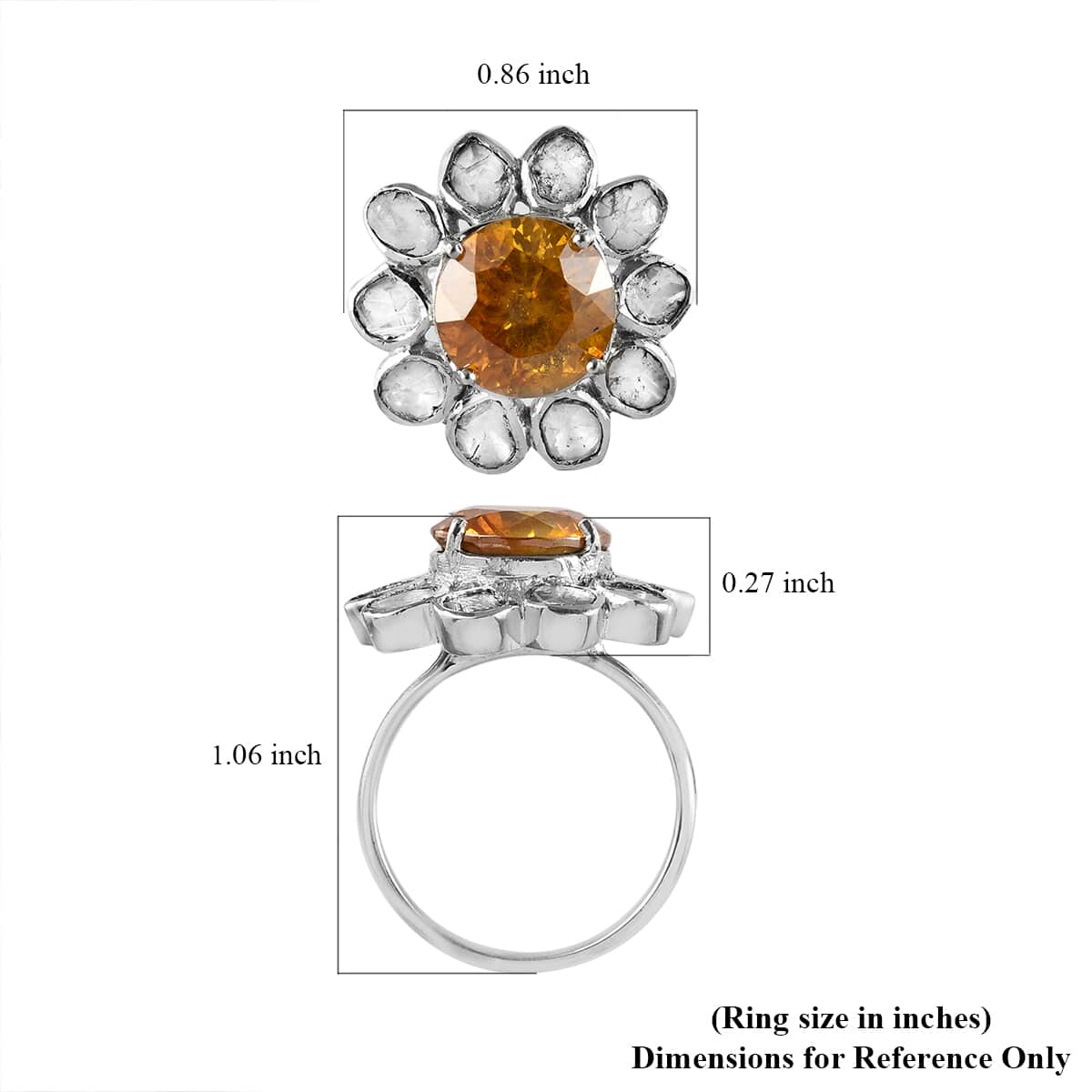 Picos Altos Light Orange Sphalerite and Polki Diamond Floral Ring in Platinum Over Sterling Silver 5.90 ctw image number 5
