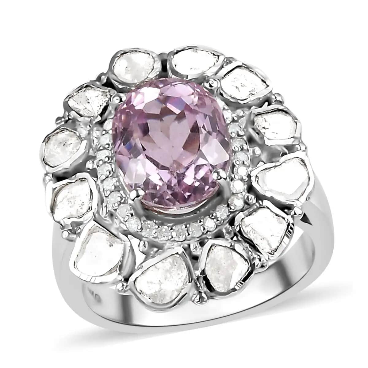 Premium Martha Rocha Kunzite, Polki Diamond and Diamond Cocktail Ring in Platinum Over Sterling Silver, Oval Engagement Ring (Size 10.0) 4.50 ctw image number 0