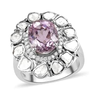 Premium Martha Rocha Kunzite, Polki Diamond and Diamond Cocktail Ring in Platinum Over Sterling Silver, Oval Engagement Ring (Size 10.0) 4.50 ctw