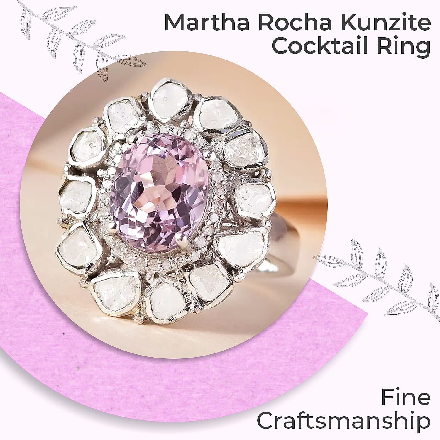 Premium Martha Rocha Kunzite, Polki Diamond and Diamond 4.50 ctw Cocktail Ring in Platinum Over Sterling Silver, Oval Engagement Ring (Size 10.0)