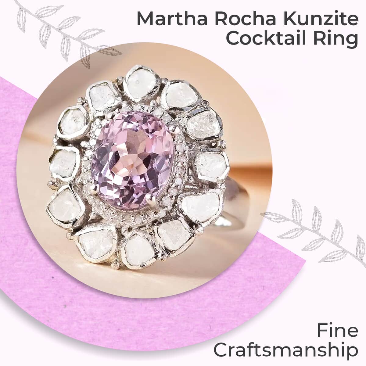 TLV Premium Martha Rocha Kunzite (Ovl 10x8 mm), Polki Diamond, Diamond (0.90 cts) Cocktail Ring in Platinum Over Sterling Silver (Size 10.0) 4.50 ctw image number 1