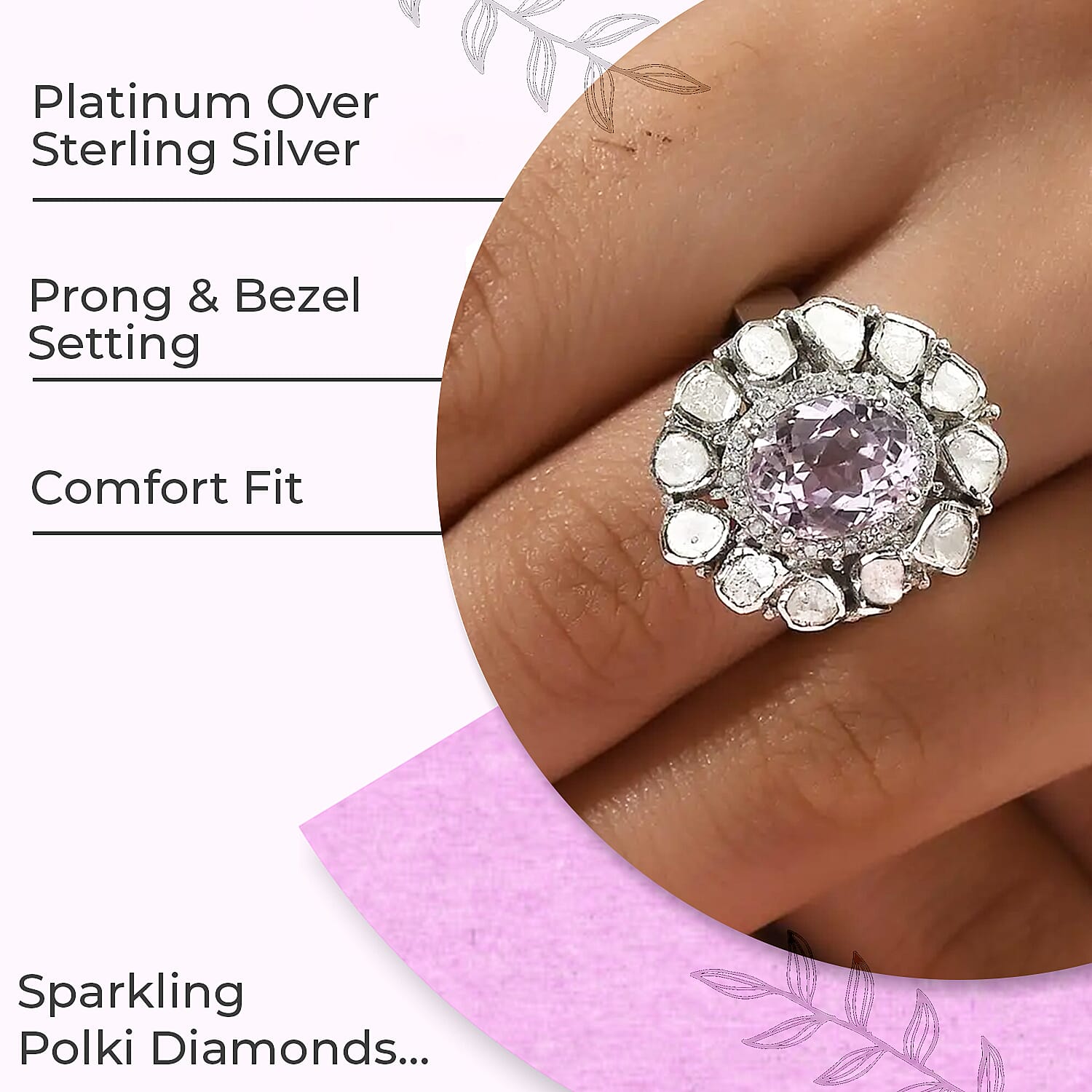 Premium Martha Rocha Kunzite, Polki Diamond and Diamond 4.50 ctw Cocktail Ring in Platinum Over Sterling Silver, Oval Engagement Ring (Size 10.0)