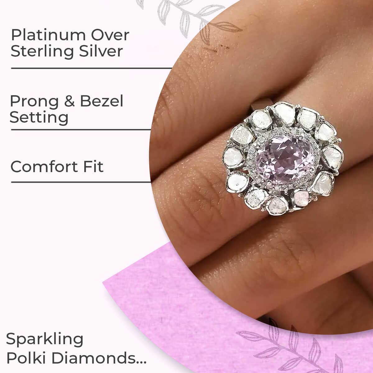 Premium Martha Rocha Kunzite, Polki Diamond and Diamond Cocktail Ring in Platinum Over Sterling Silver, Oval Engagement Ring (Size 10.0) 4.50 ctw image number 2