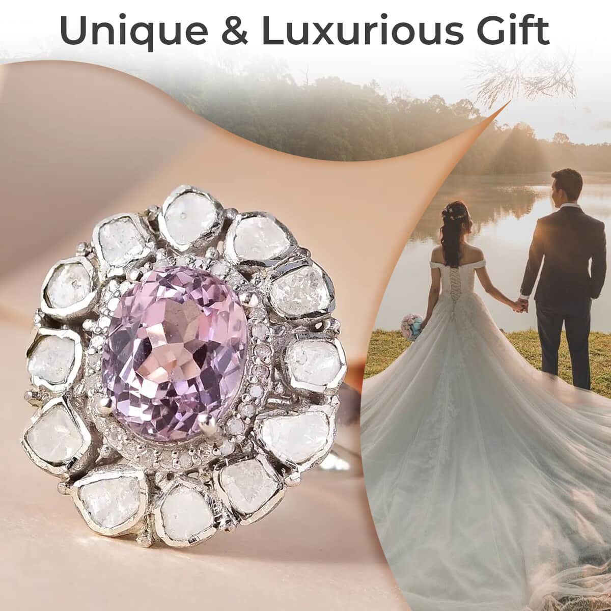 Premium Martha Rocha Kunzite, Polki Diamond and Diamond Cocktail Ring in Platinum Over Sterling Silver, Oval Engagement Ring (Size 10.0) 4.50 ctw image number 3