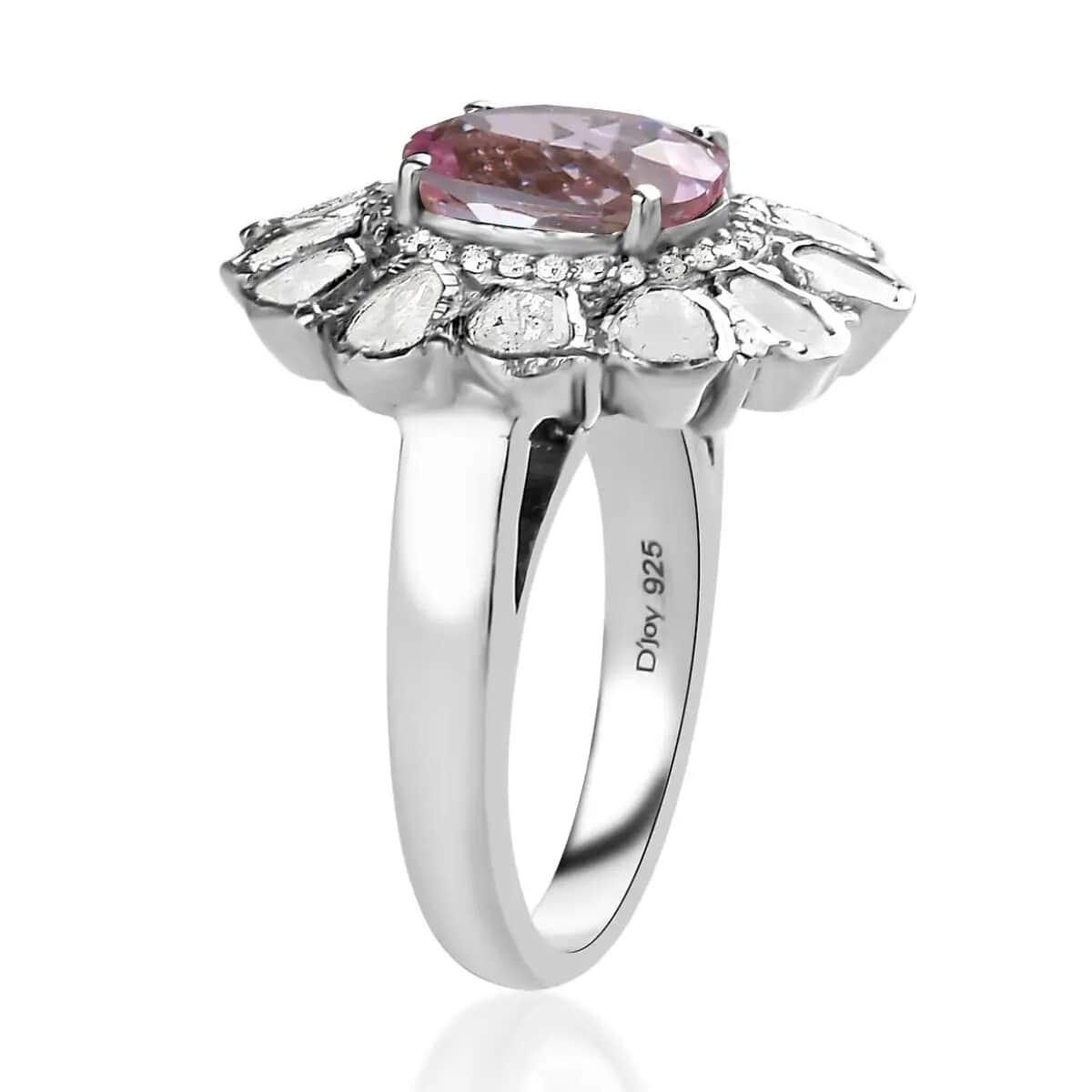 Premium Martha Rocha Kunzite, Polki Diamond and Diamond Cocktail Ring in Platinum Over Sterling Silver, Oval Engagement Ring (Size 10.0) 4.50 ctw image number 4