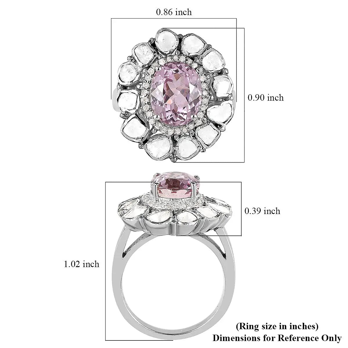 Premium Martha Rocha Kunzite, Polki Diamond and Diamond 4.50 ctw Cocktail Ring in Platinum Over Sterling Silver, Oval Engagement Ring (Size 10.0)