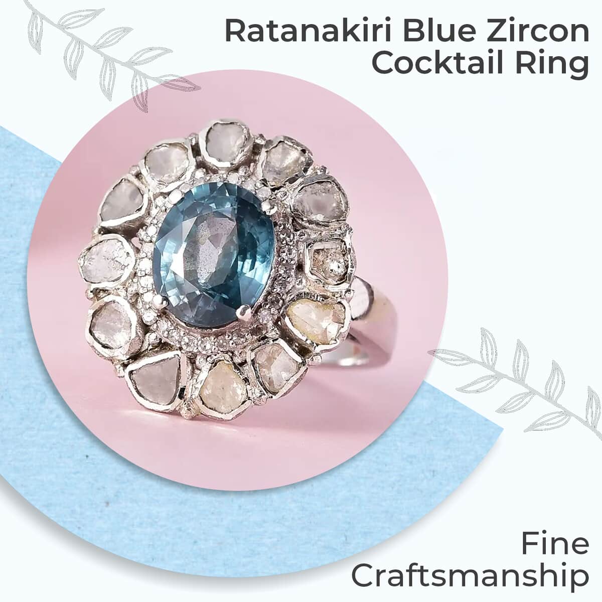 Premium Ratanakiri Blue Zircon, Polki Diamond Cocktail Ring in Platinum Over Sterling Silver, Statement Jewelry For Women, Oval Engagement Ring 4.90 ctw image number 1
