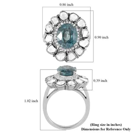 Premium Ratanakiri Blue Zircon, Polki Diamond Cocktail Ring in Platinum Over Sterling Silver, Statement Jewelry For Women, Oval Engagement Ring 4.90 ctw image number 6