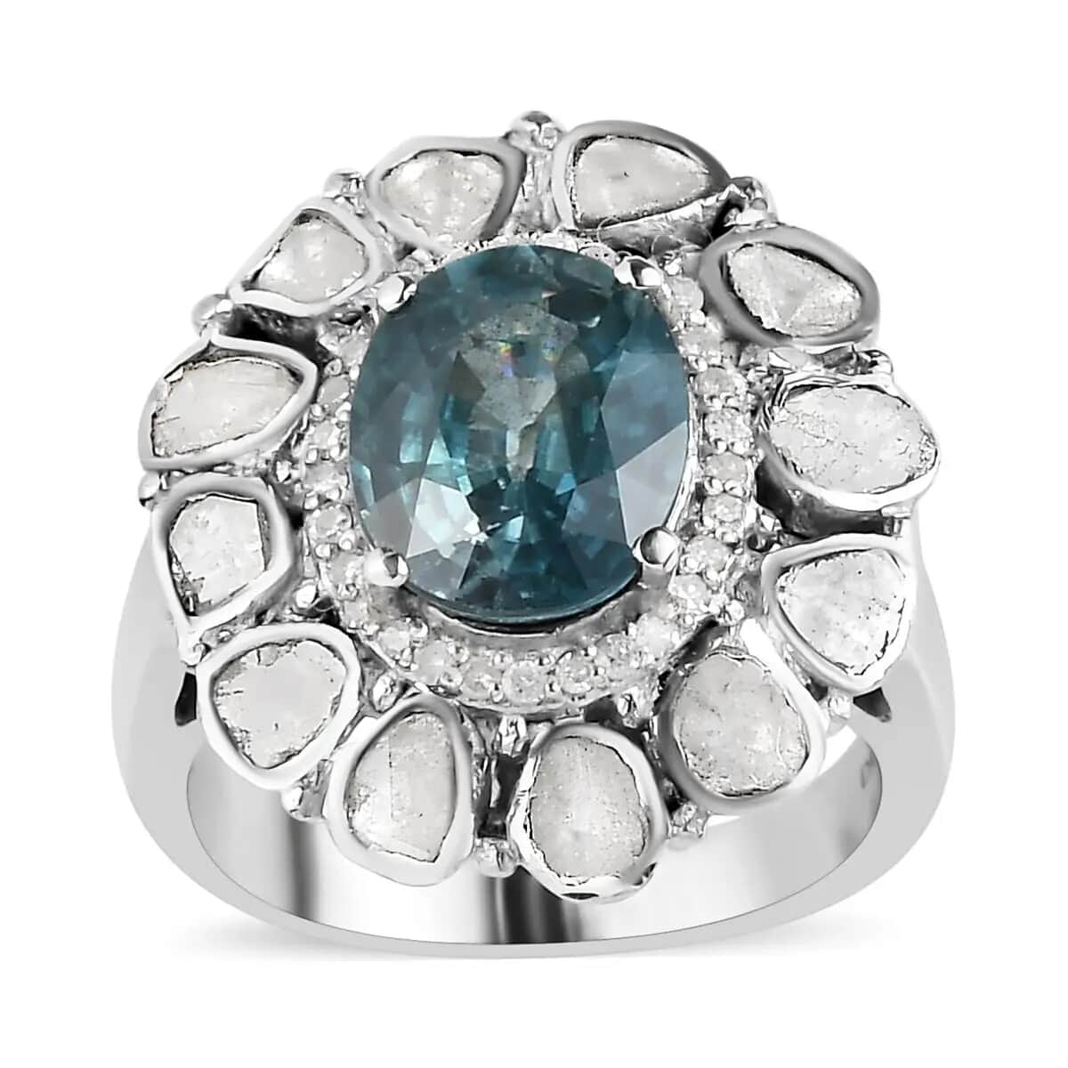 Premium Ratanakiri Blue Zircon 4.90 ctw Cocktail Ring in Platinum Over Sterling Silver, Polki Diamond Ring, Wedding Ring, Engagement Rings, Oval Engagement Ring (Size 9.0) image number 0