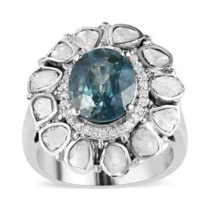 Premium Ratanakiri Blue Zircon 4.90 ctw Cocktail Ring in Platinum Over Sterling Silver, Polki Diamond Ring, Wedding Ring, Engagement Rings, Oval Engagement Ring (Size 9.0)