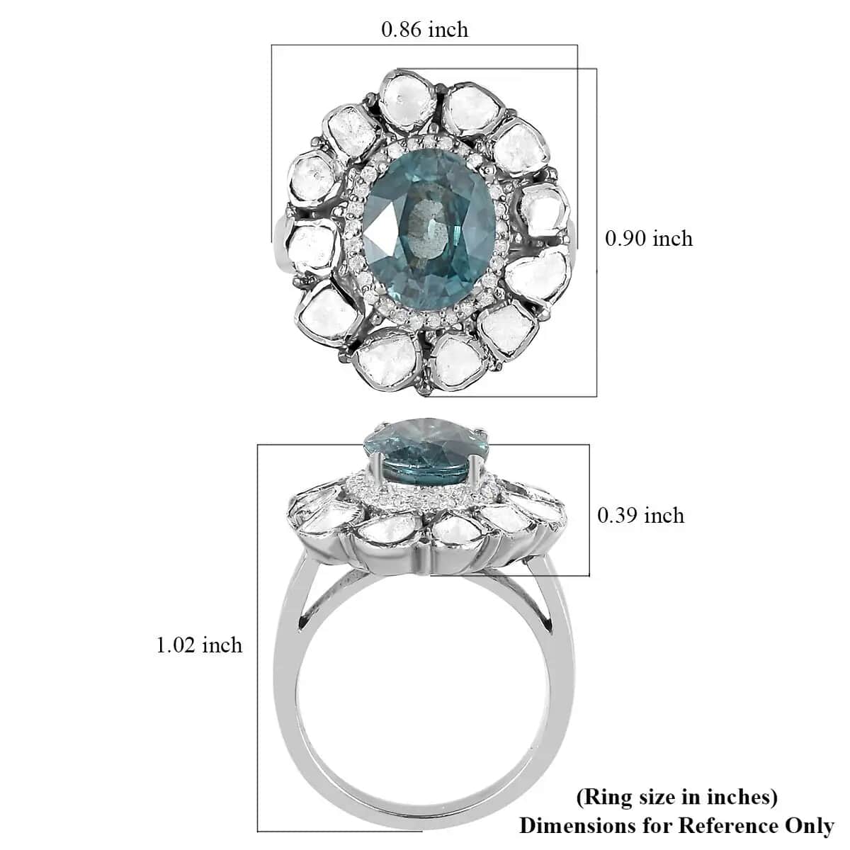 Premium Ratanakiri Blue Zircon 4.90 ctw Cocktail Ring in Platinum Over Sterling Silver, Polki Diamond Ring, Wedding Ring, Engagement Rings, Oval Engagement Ring (Size 9.0) image number 6