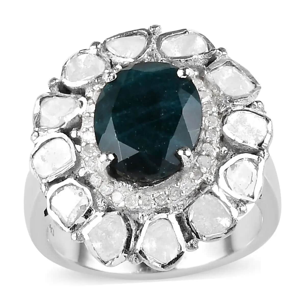 Teal Grandidierite, Polki Diamond and Diamond Cocktail Ring in Platinum Over Sterling Silver, Oval Engagement Ring (Size 10.0) 3.70 ctw image number 0