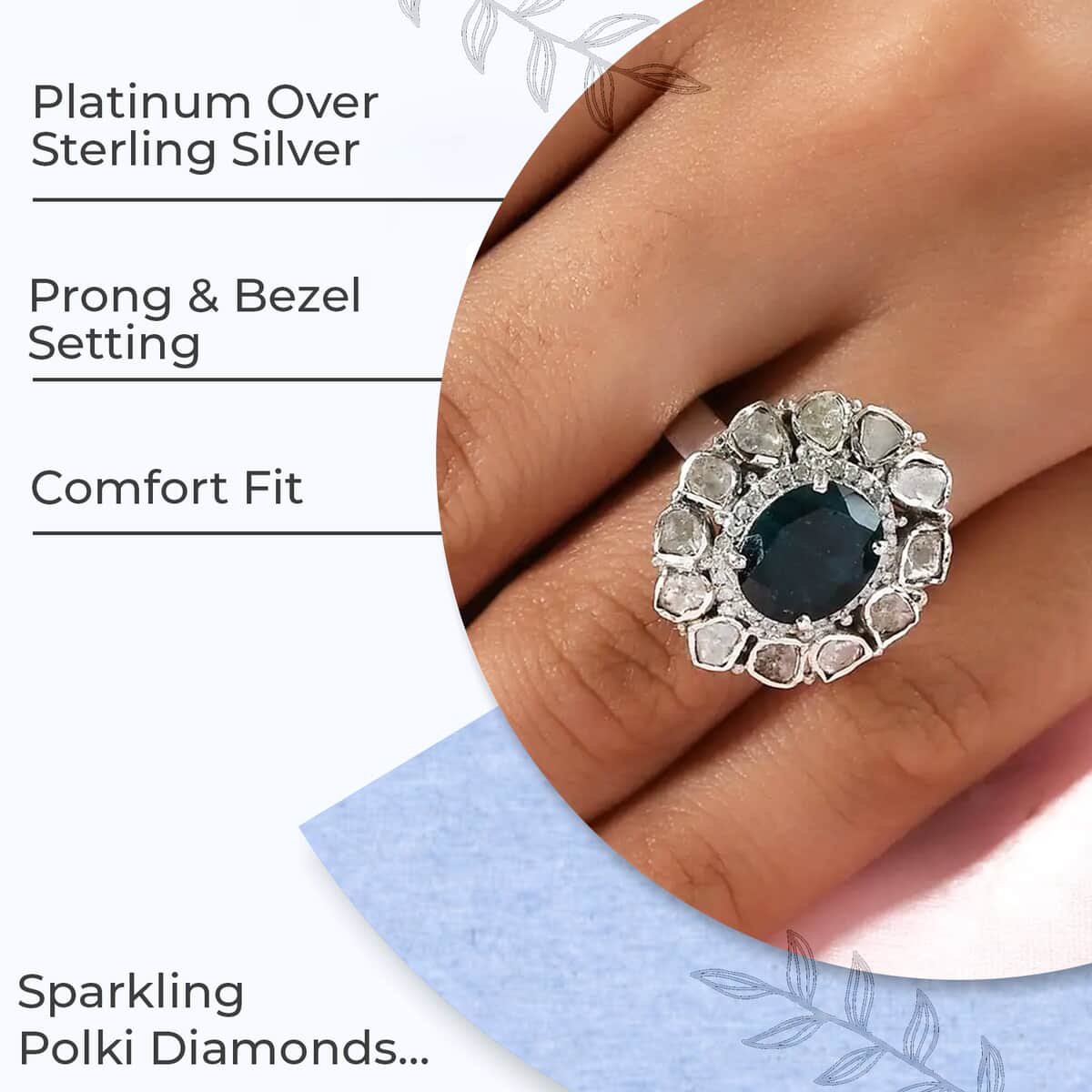 Teal Grandidierite, Polki Diamond and Diamond Cocktail Ring in Platinum Over Sterling Silver, Oval Engagement Ring (Size 10.0) 3.70 ctw image number 2