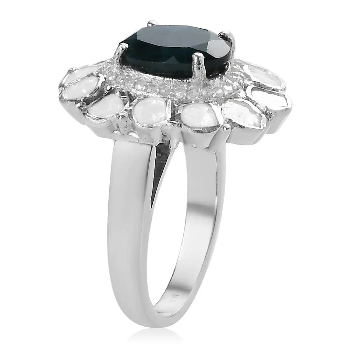 Teal Grandidierite, Polki Diamond and Diamond Cocktail Ring in Platinum Over Sterling Silver, Oval Engagement Ring (Size 10.0) 3.70 ctw image number 4