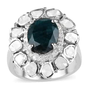 Teal Grandidierite, Polki Diamond 3.75 ctw Cocktail Ring in Platinum Over Sterling Silver, Statement Jewelry For Women, Oval Engagement Ring