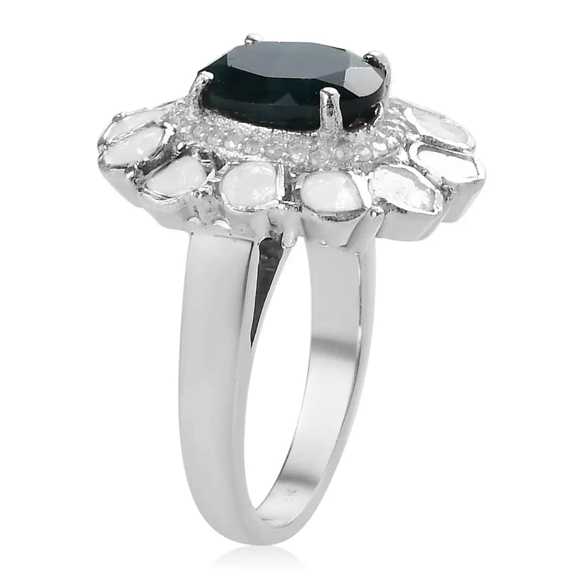 Teal Grandidierite, Polki Diamond 3.75 ctw Cocktail Ring in Platinum Over Sterling Silver, Statement Jewelry For Women, Oval Engagement Ring image number 4