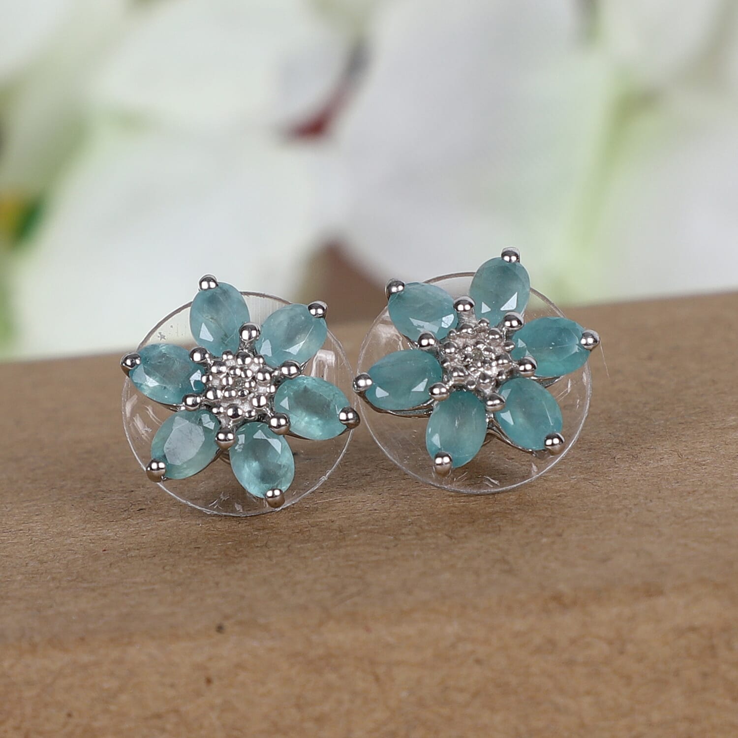 Grandidierite and Diamond Accent Flower Stud Earrings in Platinum Over Sterling Silver 2.00 ctw