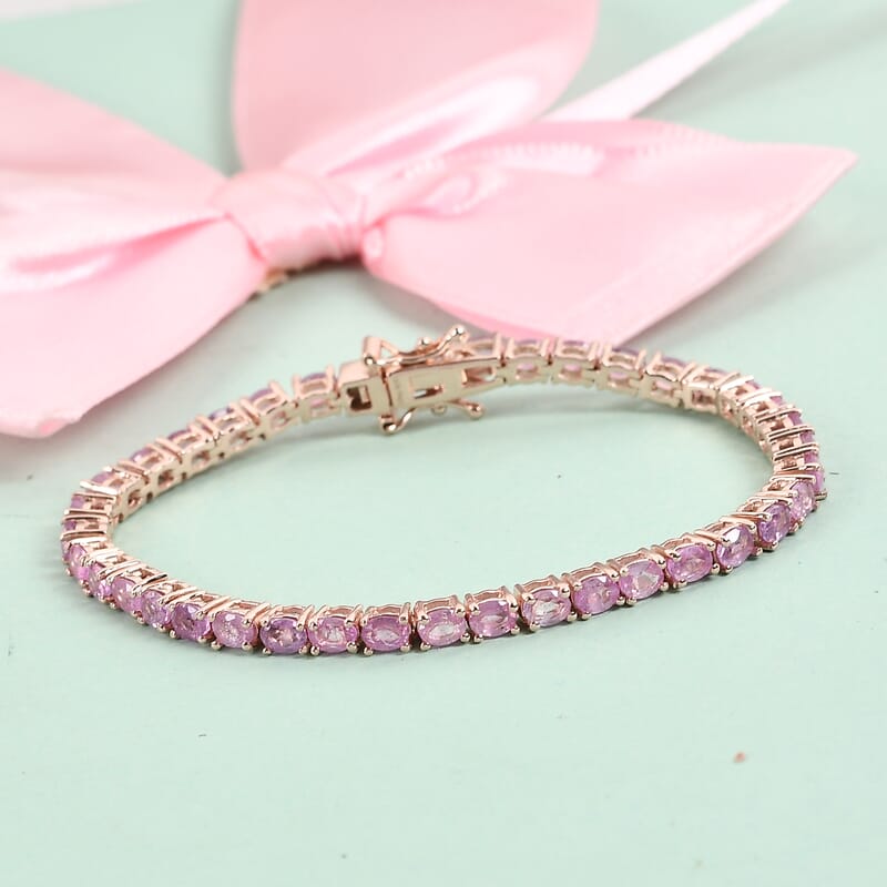 Ilakaka Hot Pink Sapphire Tennis Bracelet in Vermeil Rose Gold Over Sterling Silver (6.00 In) 8.70 Grams 8.20 ctw