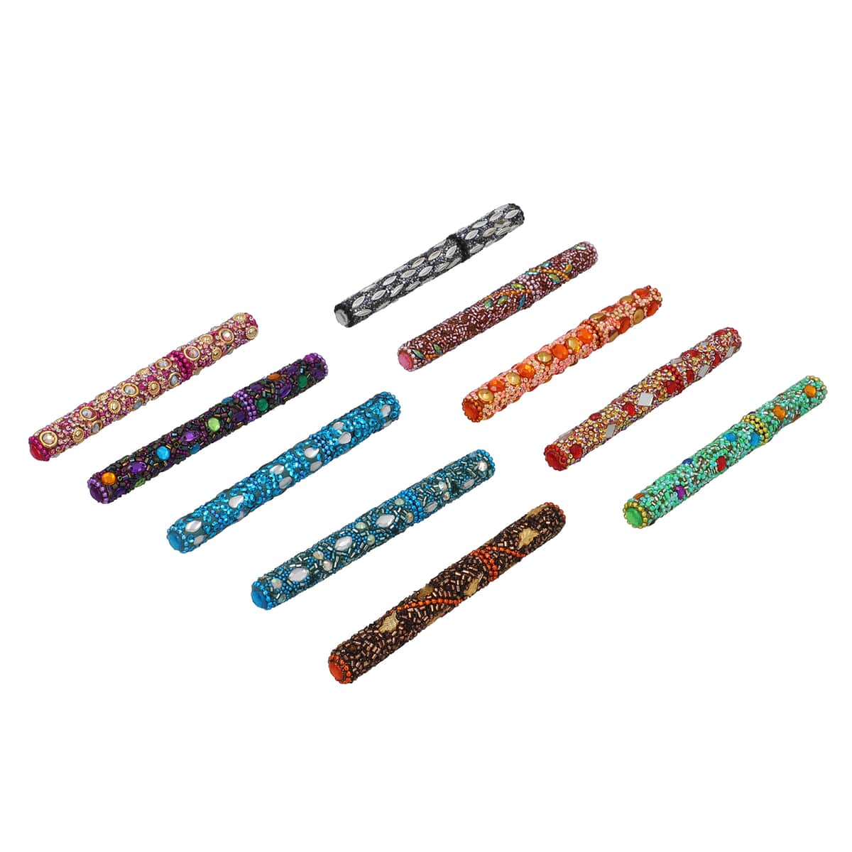 Set of 10 Handcrafted Multi Color Gems Seed Beads and Sequin Ball Pens image number 0