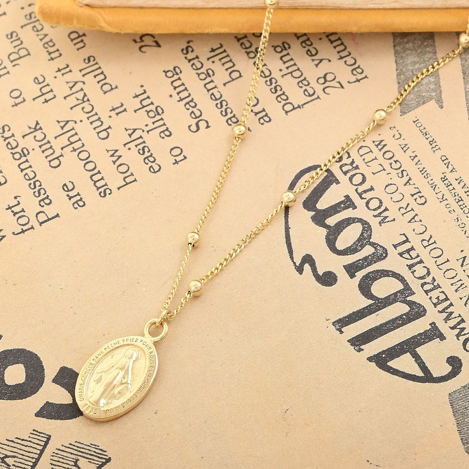 14K Yellow Gold Beaded Virgin Mary Chain Necklace 18 Inches 2.70 Grams