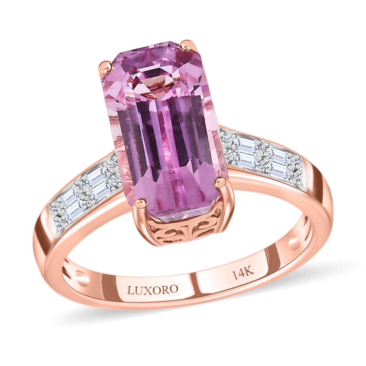Luxoro 14K Rose Gold AAA Patroke Kunzite and G-H I2 Diamond Ring (Size 7.0) 7.35 ctw image number 0