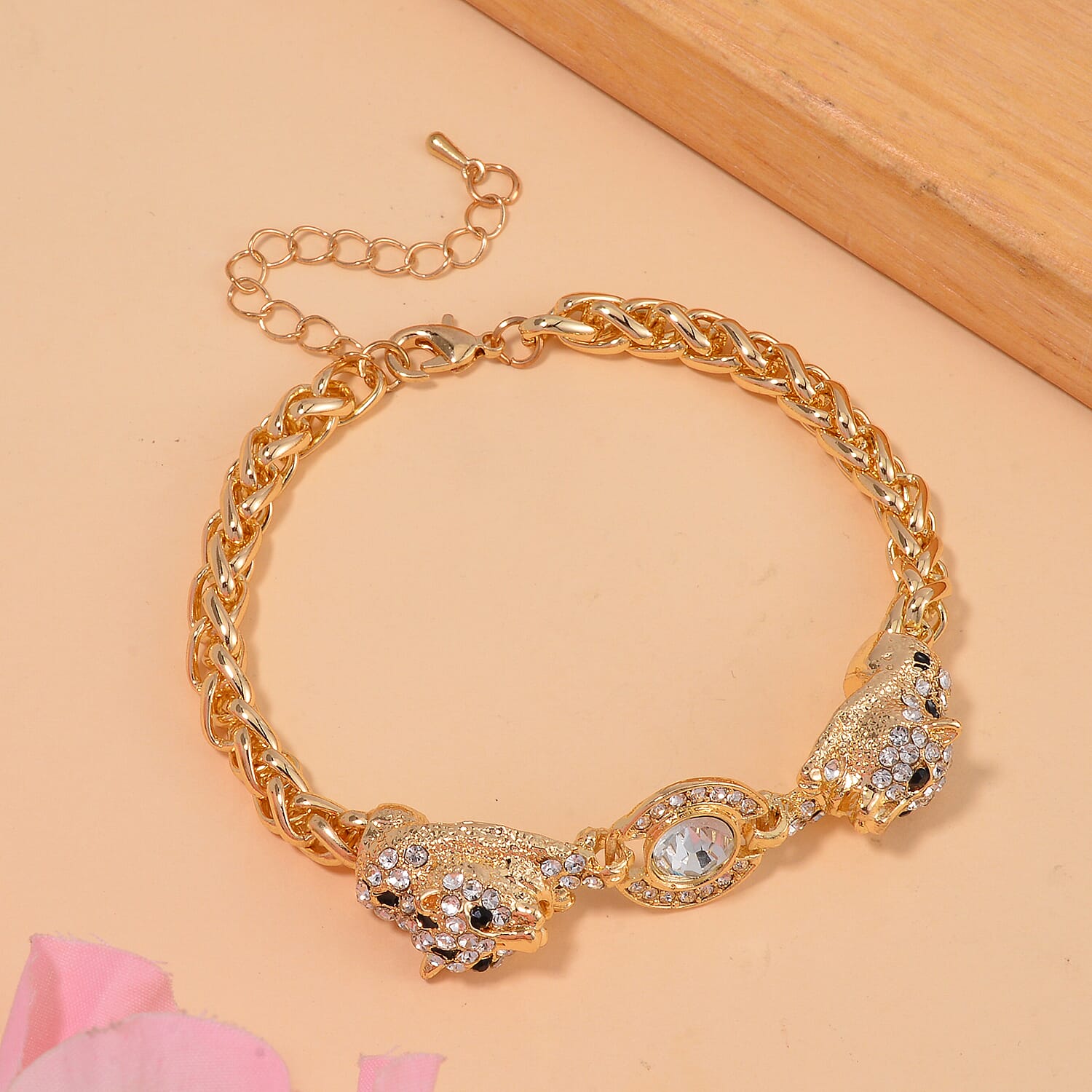 Black and White Austrian Crystal and Enameled Tiger Bracelet in Goldtone (7.50-9.50In)
