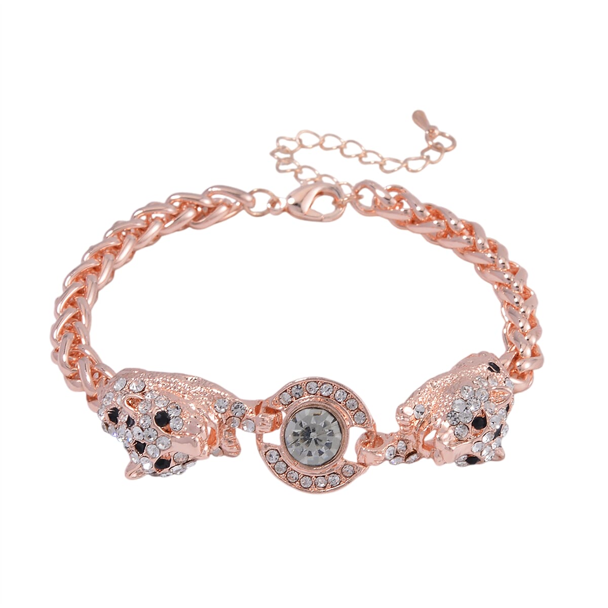 Black and White Austrian Crystal and Enameled Tiger Bracelet in Rosetone (7.50-9.50In) image number 0