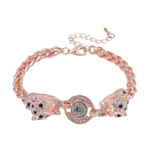 Black and White Austrian Crystal and Enameled Tiger Bracelet in Rosetone (7.50-9.50In)