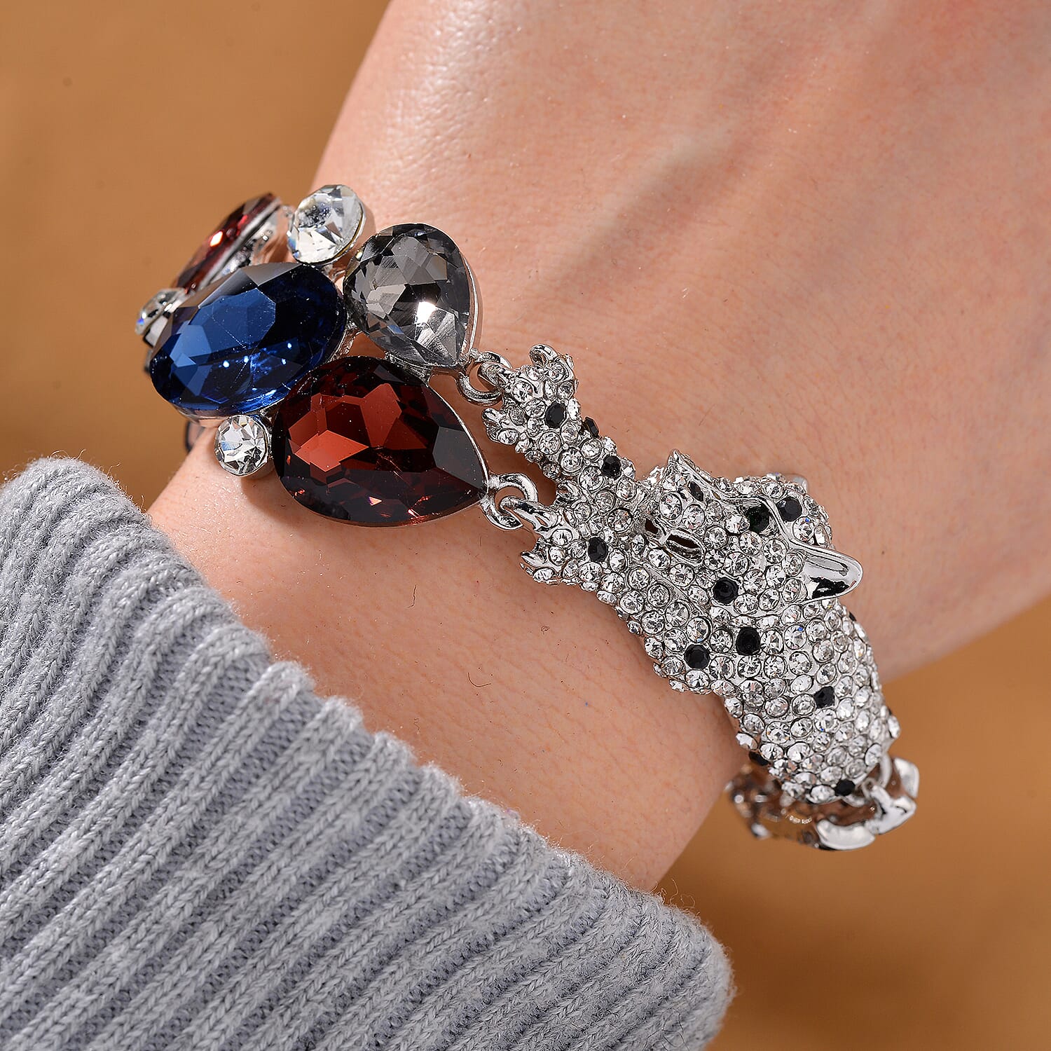 Simulated Multi Gemstone and Austrian Crystal Panther Bracelet in Silvertone (7.50 In)