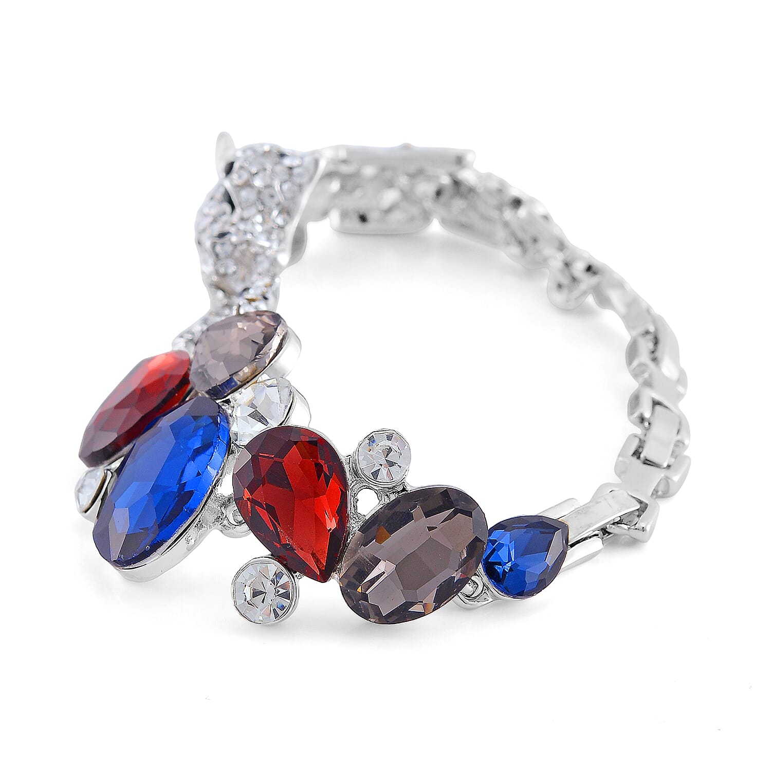 Simulated Multi Gemstone and Austrian Crystal Panther Bracelet in Silvertone (7.50 In)